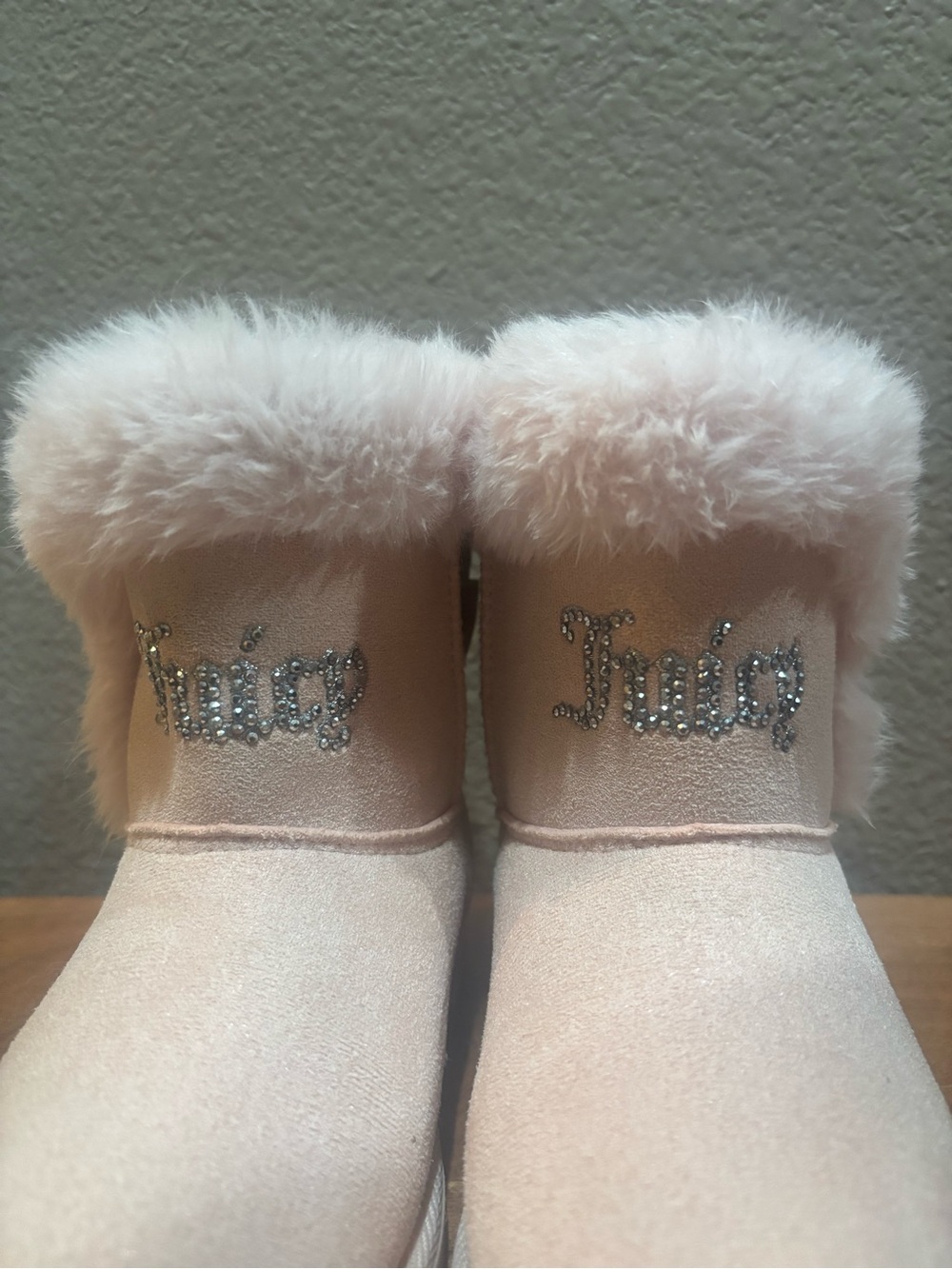 Juicy Couture Blush Pink Faux-Fur Cuff Boots with Rhinestone Bows